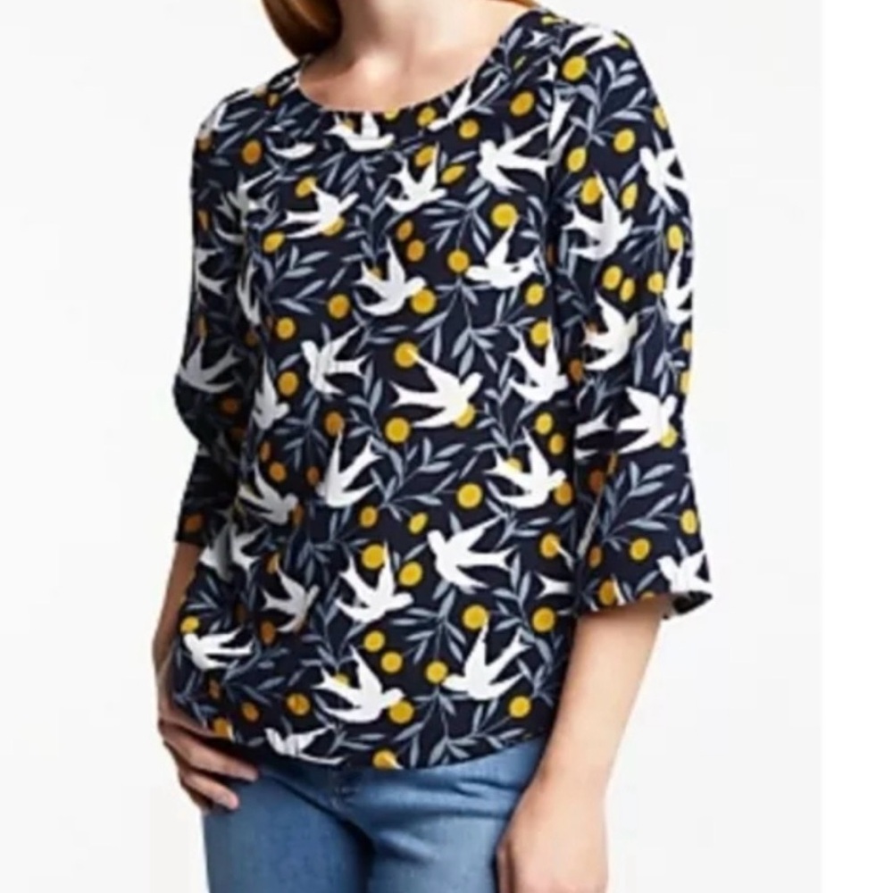 Boden 3/4 sleeve whimsical bird blouse